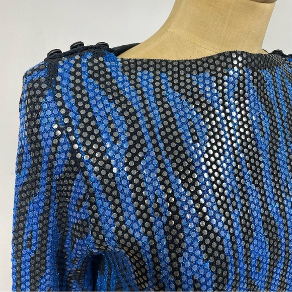 Vtg 80s Glam St. John Knit Sweater Blue Zebra Top Rock Sequin Shiny Retro Print - Picture 5 of 16